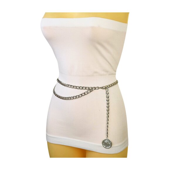 Women Silver Metal Chain Link Belt Hip High Waist Medallion Coin Charm M L XL main image 13